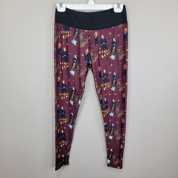 Pants - Wizard Print Polyester Spandex Burgundy Ankle Leggings One‎ Size Fits All